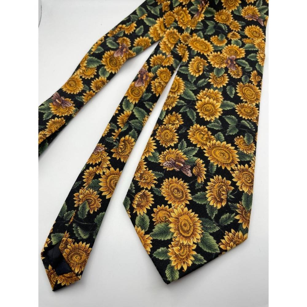 Beans McGee Mens Sunflower Bumblebee Cotton Necktie Black Yellow Floral USA Made